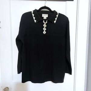 Adolfo Collectibles Collared Sweater Women’s Medium Knit Polo Black Cream Vtg